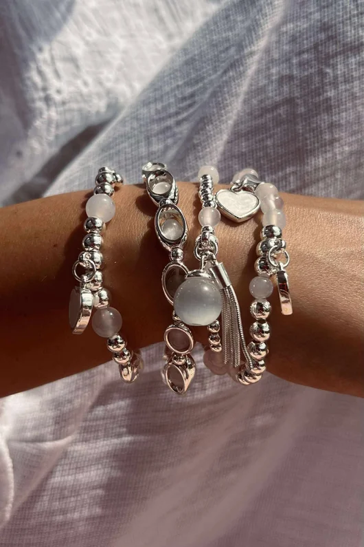 Laundry B Free Spirit Stretch Stacker Bracelet Moon Stone Open Hearts Silver